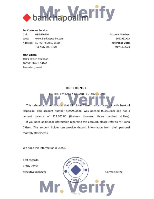 Israel Hapoalim bank account reference letter template in Word and PDF format
