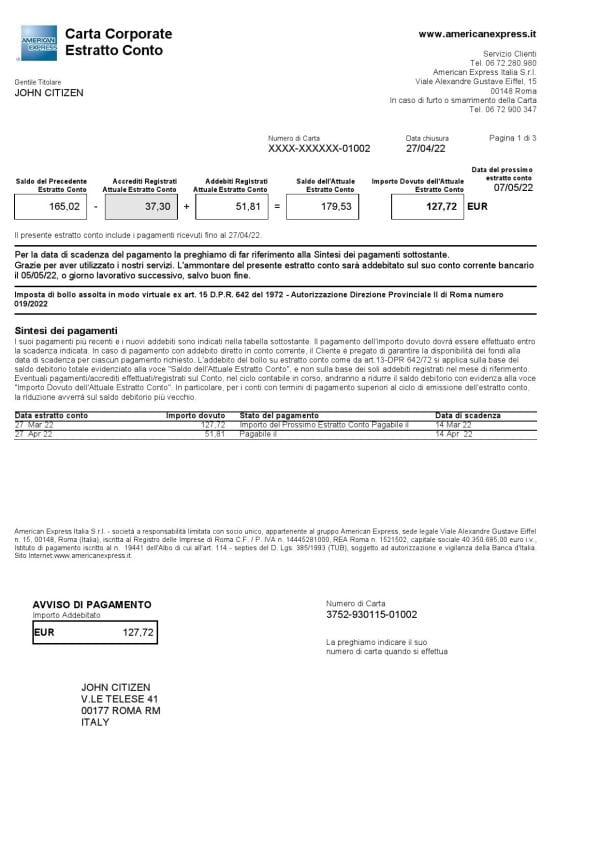 Italy American Express Amex bank card statement Word and PDF template, 3 pages