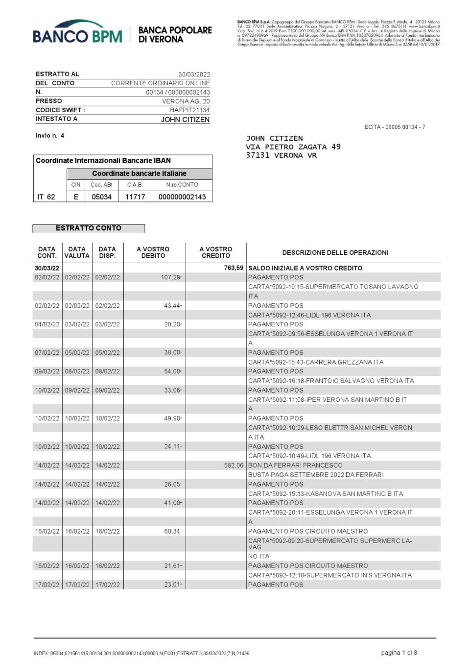 Italy Banco BPM bank statement Word and PDF template, 8 pages