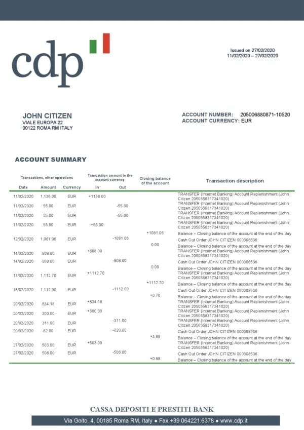 Italy Cassa Depositi e Prestiti bank statement template in Word and PDF format, fully editable