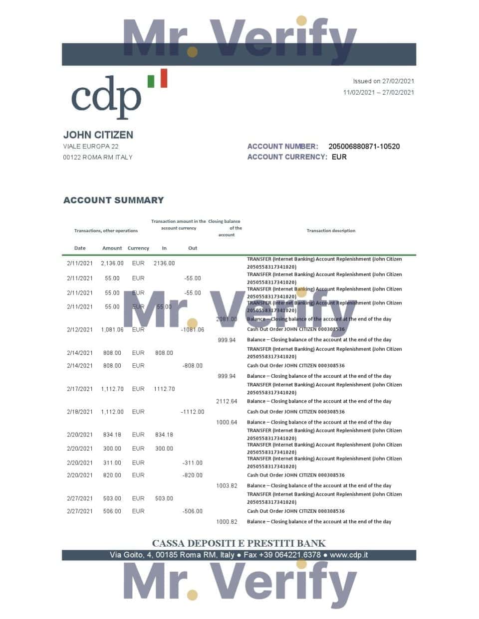 Italy Cassa Depositi e Prestiti bank statement easy to fill template in .xls and .pdf file format