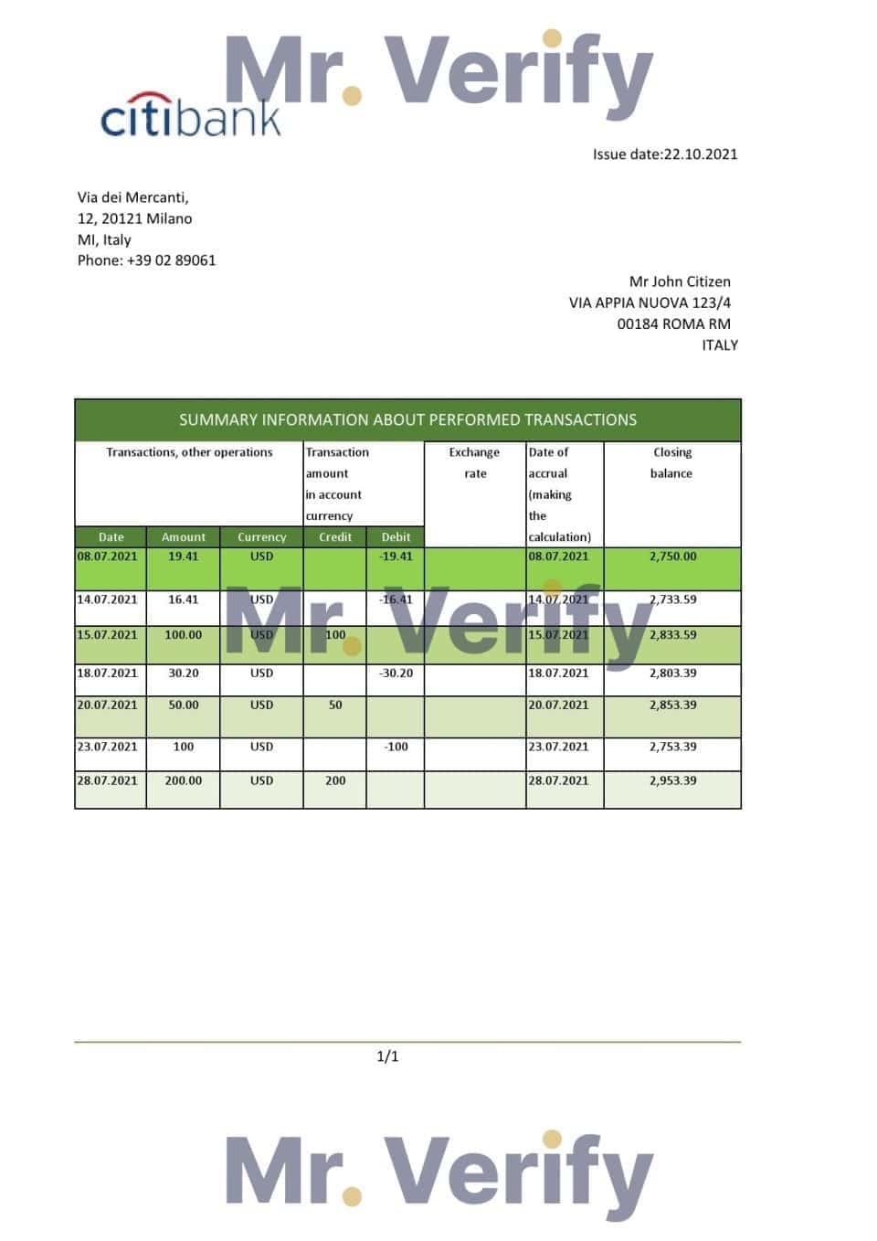 Italy Citibank bank statement easy to fill template in .xls and .pdf file format