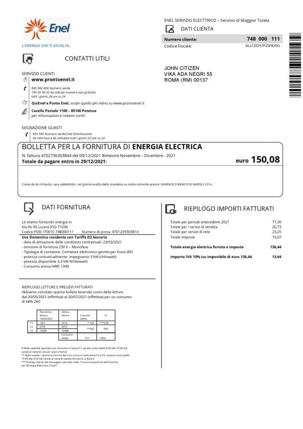 Italy Enel electricity utility bill template in Word and PDF format