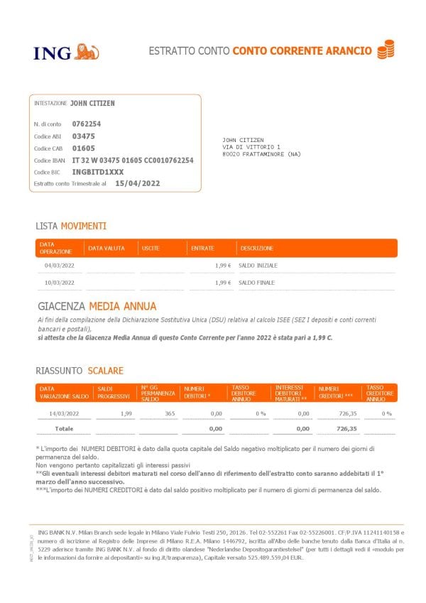 Italy ING bank statement Word and PDF template, 2 pages