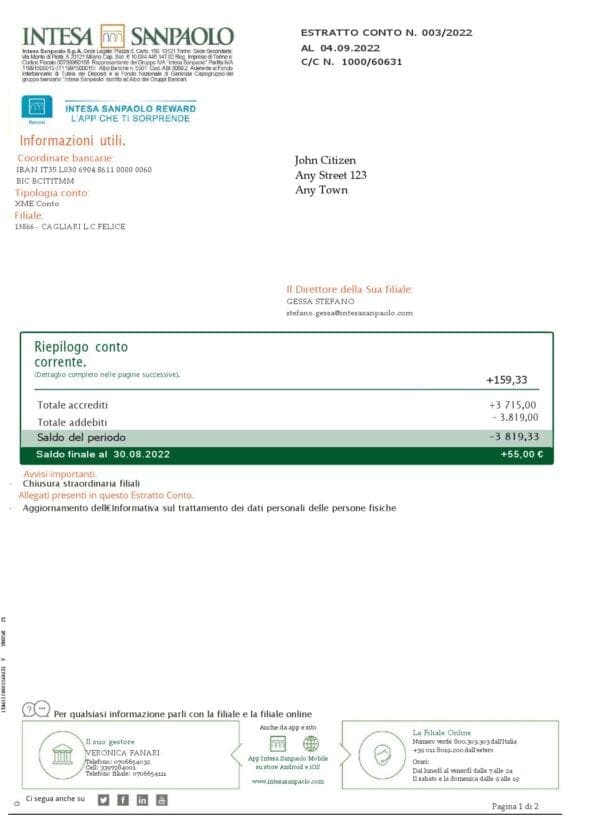 Italy Intesa Sanpaolo bank statement Word and PDF template, 2 pages
