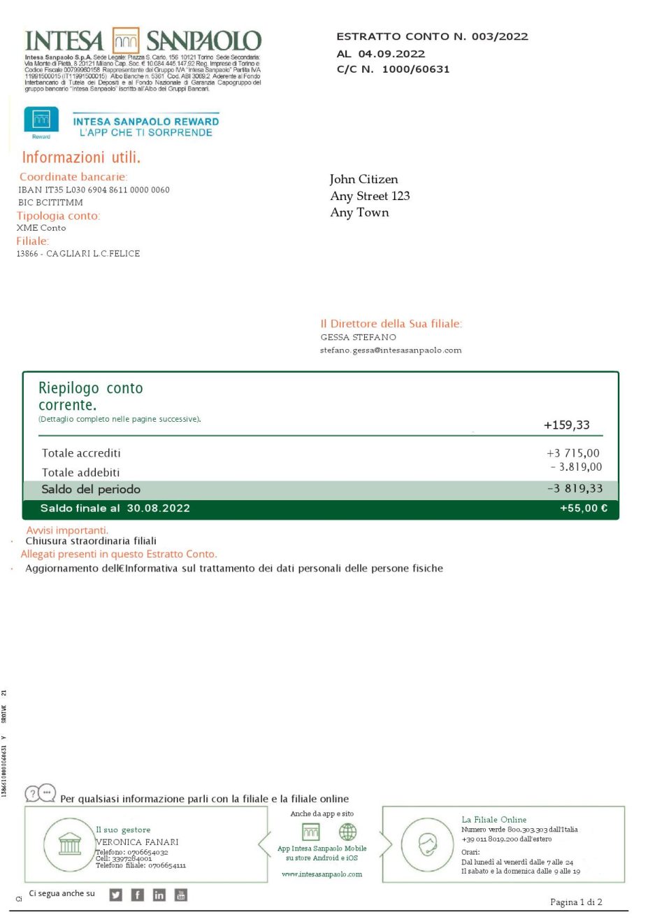 Italy Intesa Sanpaolo bank statement Word and PDF template, 2 pages