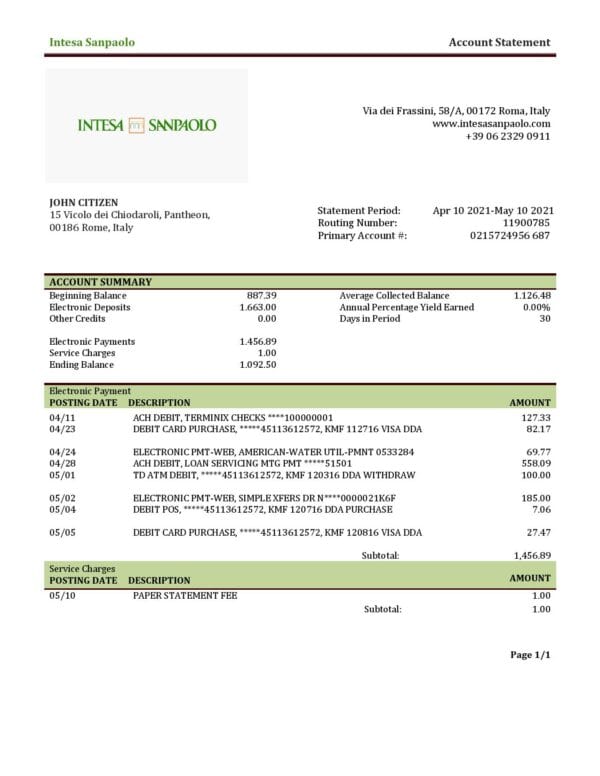 Italy Intesa Sanpaolo bank statement template in .doc and .pdf format, fully editable