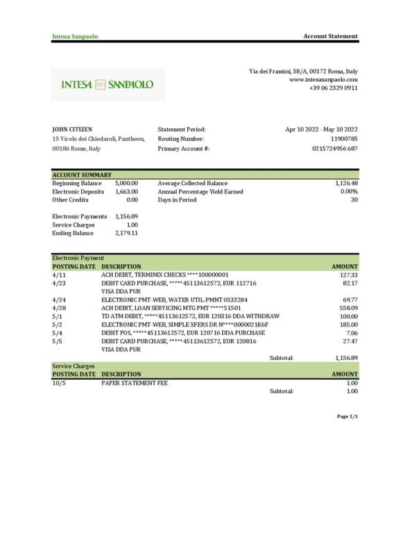 Italy Intesa Sanpaolo bank statement Excel and PDF template