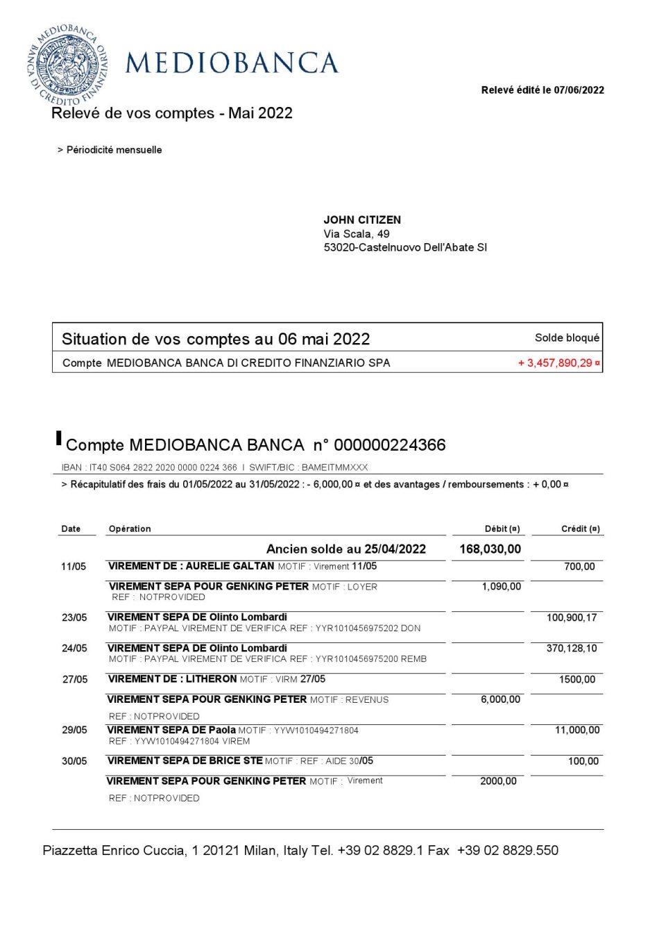 Italy Mediobanca bank statement Word and PDF template