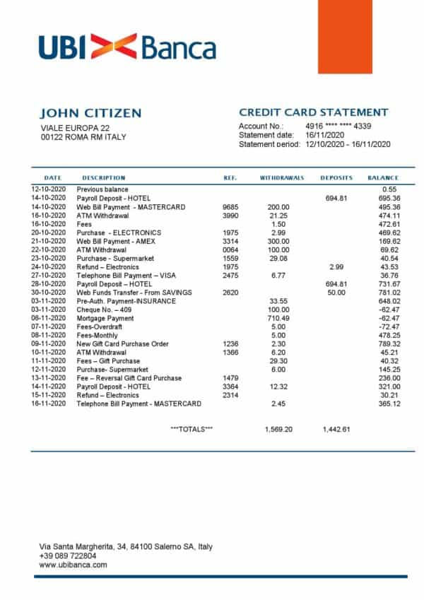 Italy UBI BANCA bank statement template in Word and PDF format, fully editable