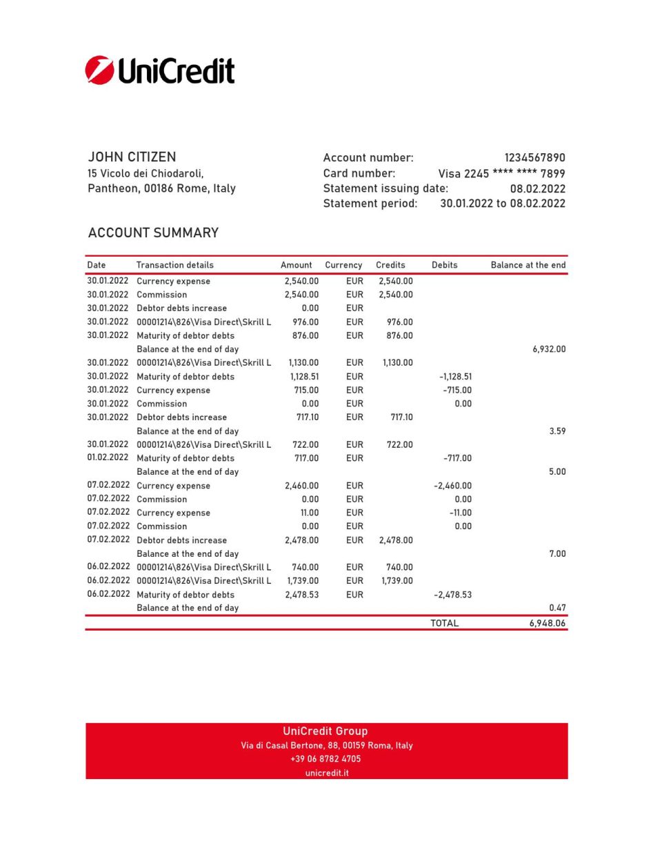 Italy Unicredit bank statement Excel and PDF template