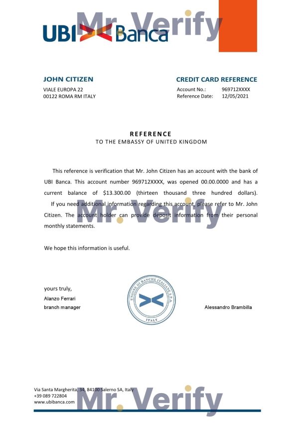 Italy UBI bank account reference letter template in Word and PDF format