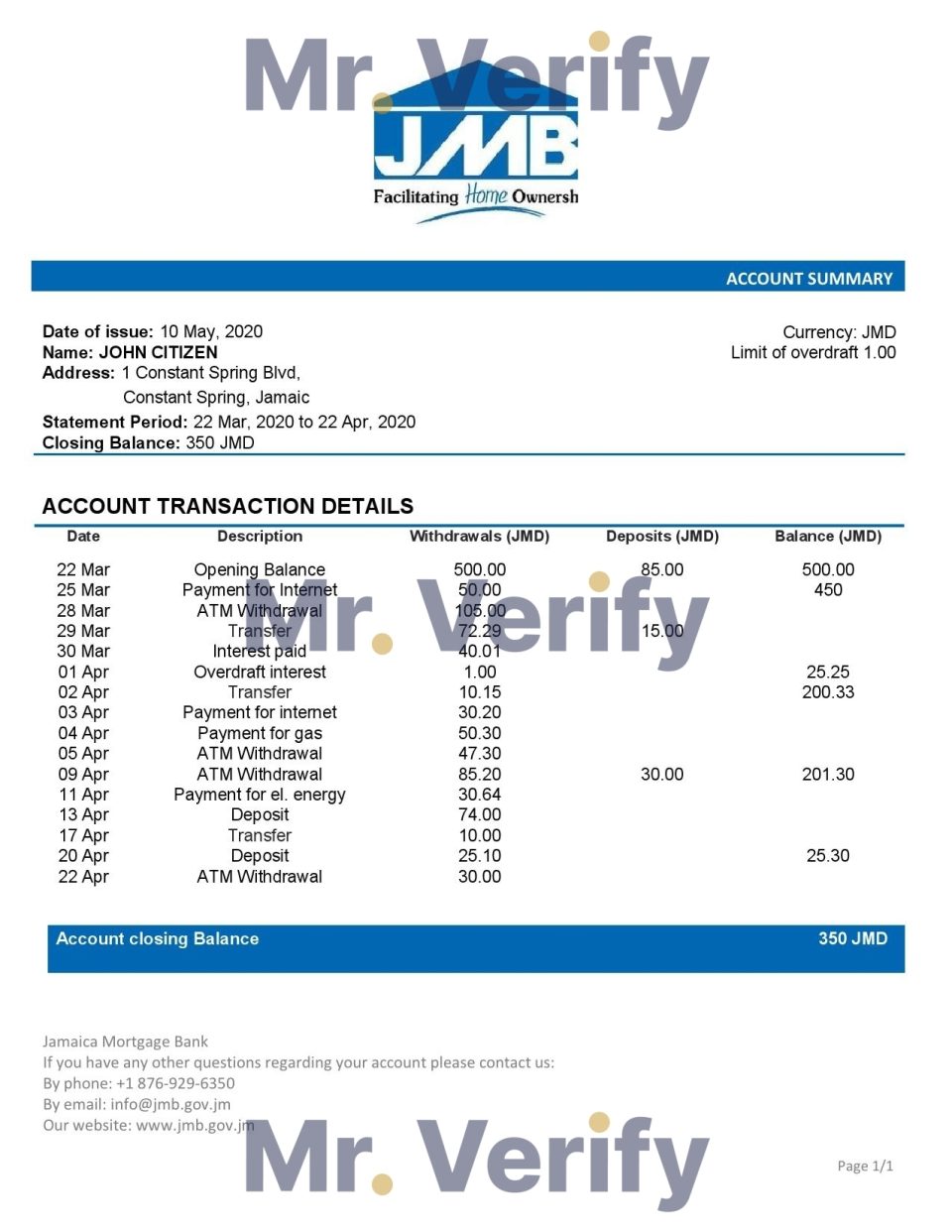 Jamaica Mortgage Bank statement template, Word and PDF format (.doc and .pdf)
