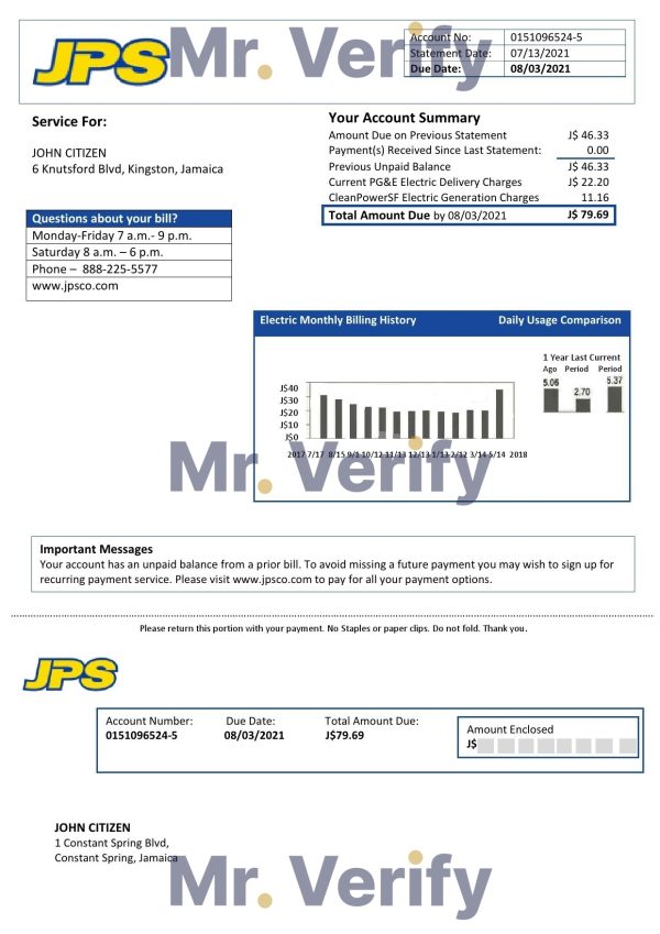Jamaica Public Service (JPS) electricity utility bill template in Word and PDF format