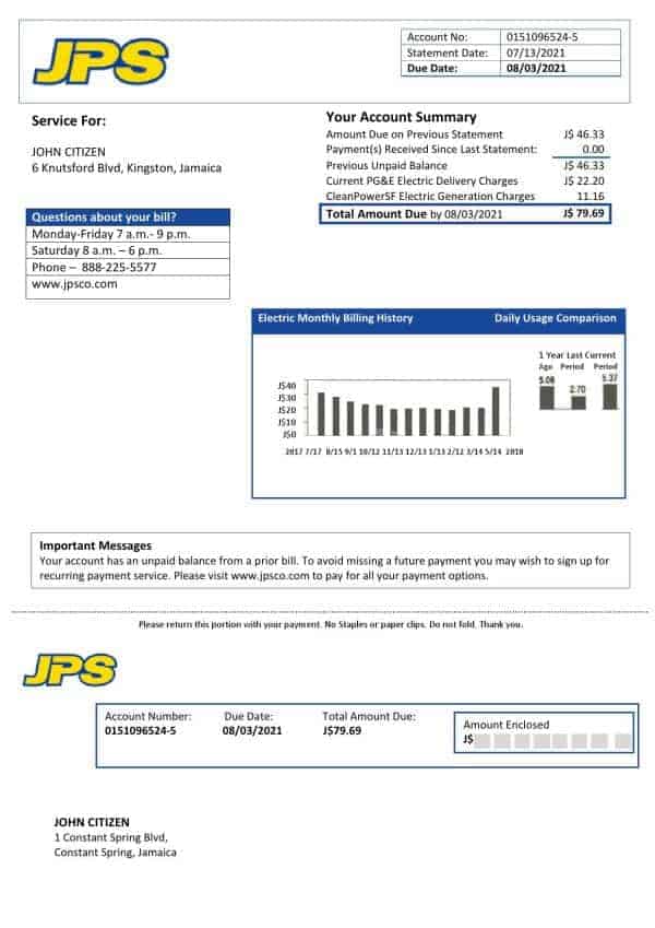 Jamaica Public Service JPS electricity utility bill template in Word and PDF format