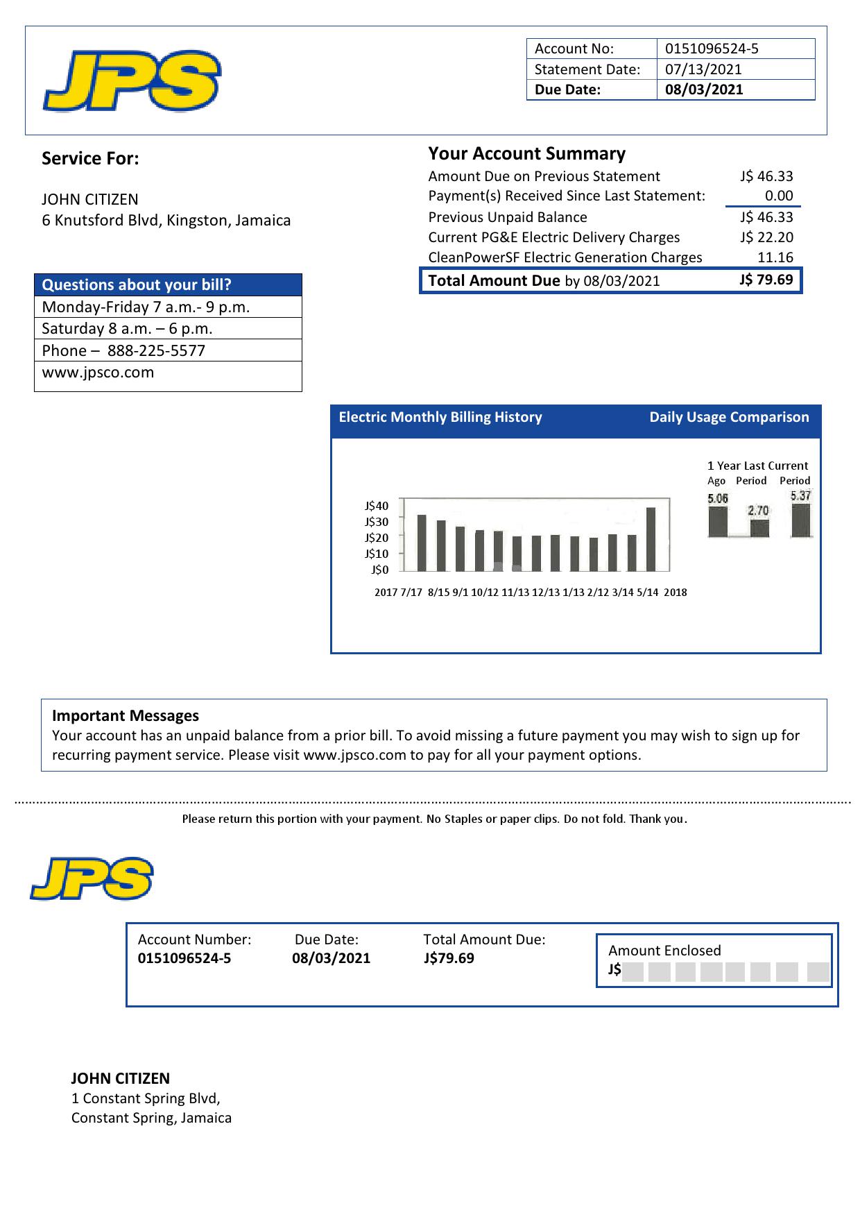 USA California PG&E electricity utility bill template in Word and PDF format