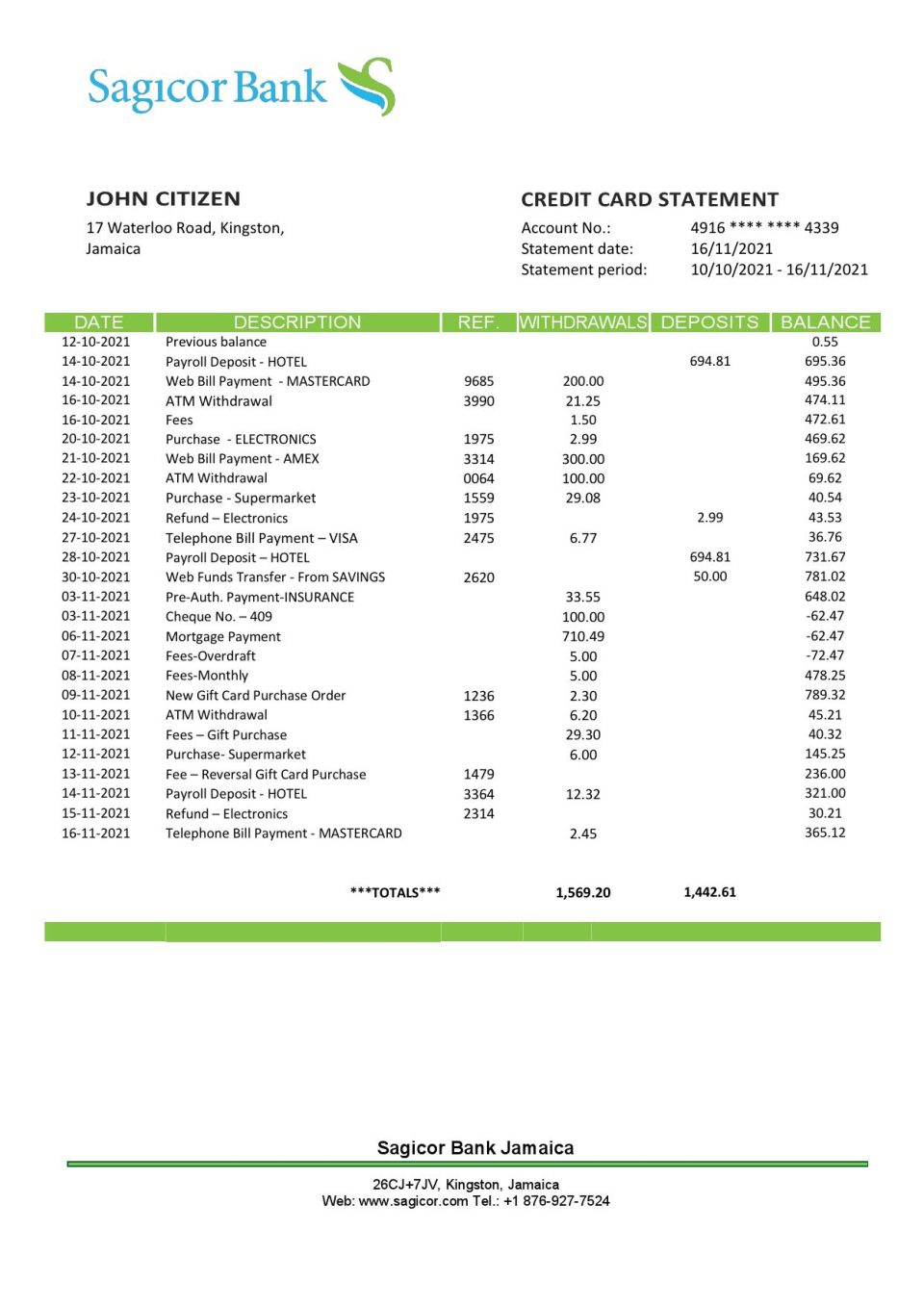 Jamaica Sagicor Bank statement template, Word and PDF format (.doc and .pdf)