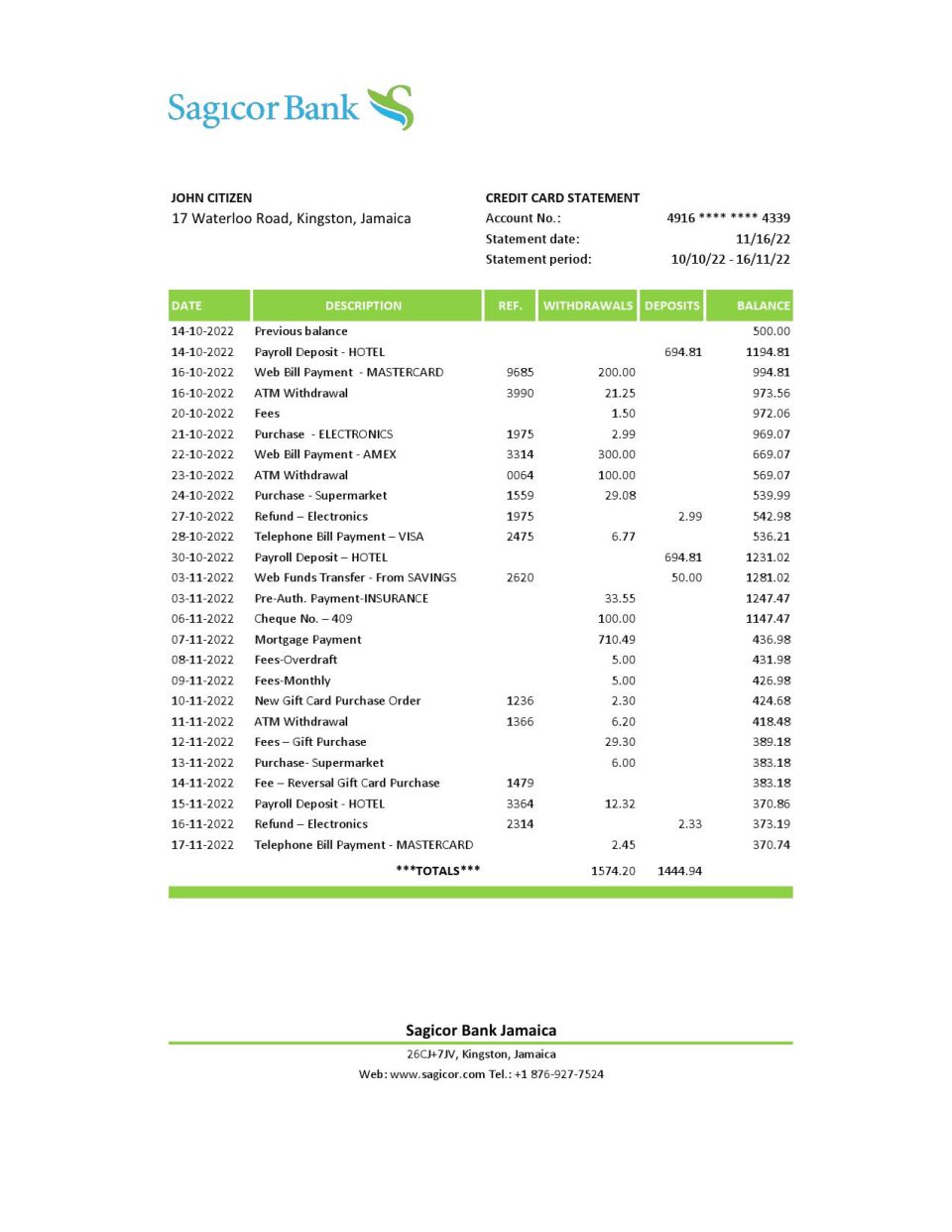 Jamaica Sagicor bank statement Excel and PDF template