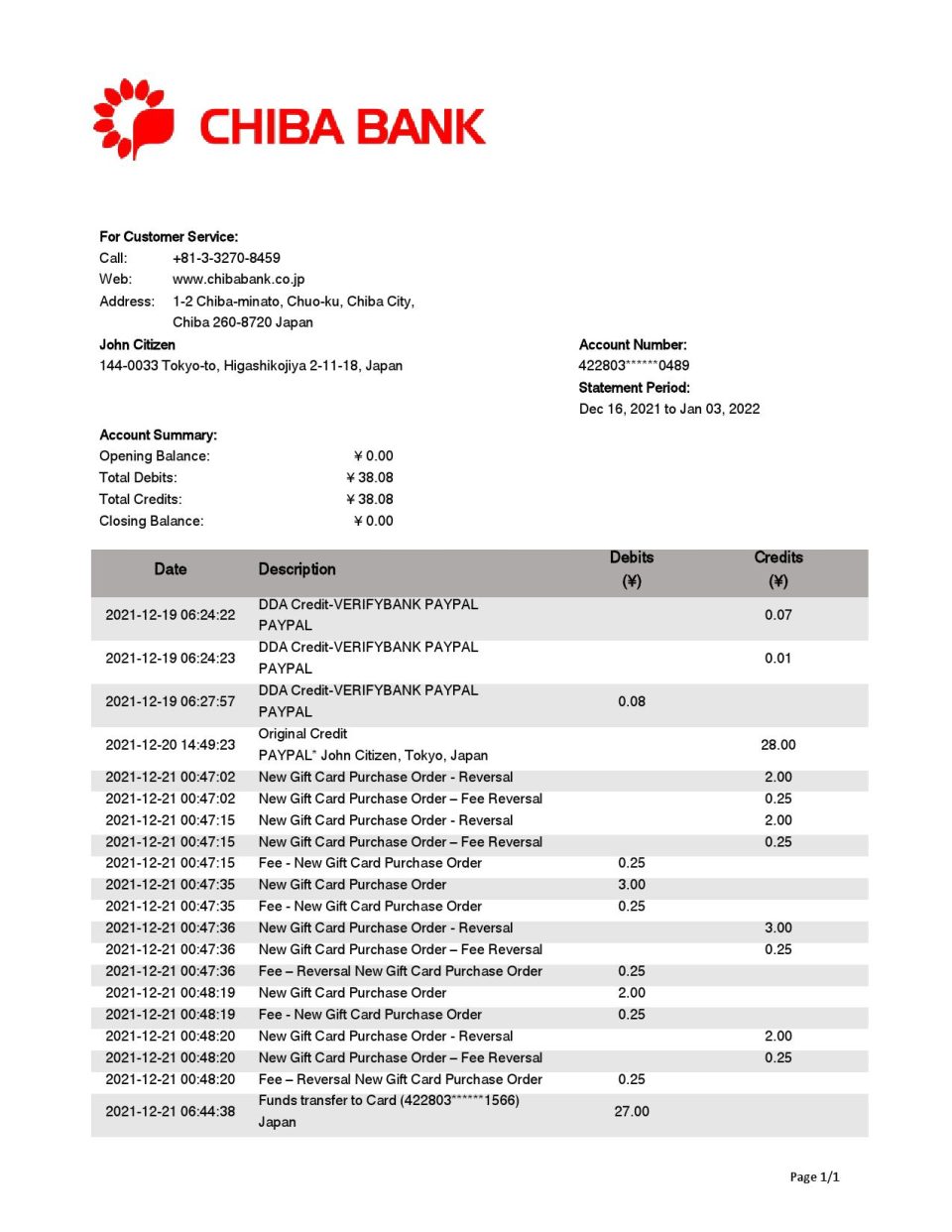 Japan Chiba bank statement template in Word and PDF format