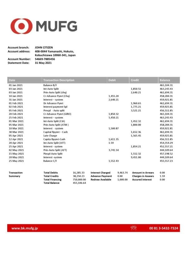 Japan MUFG bank statement template in Word and PDF format