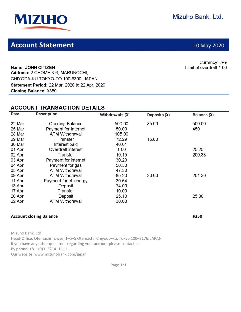 Japan Mizuho Bank statement template in Word and PDF format, good for address prove