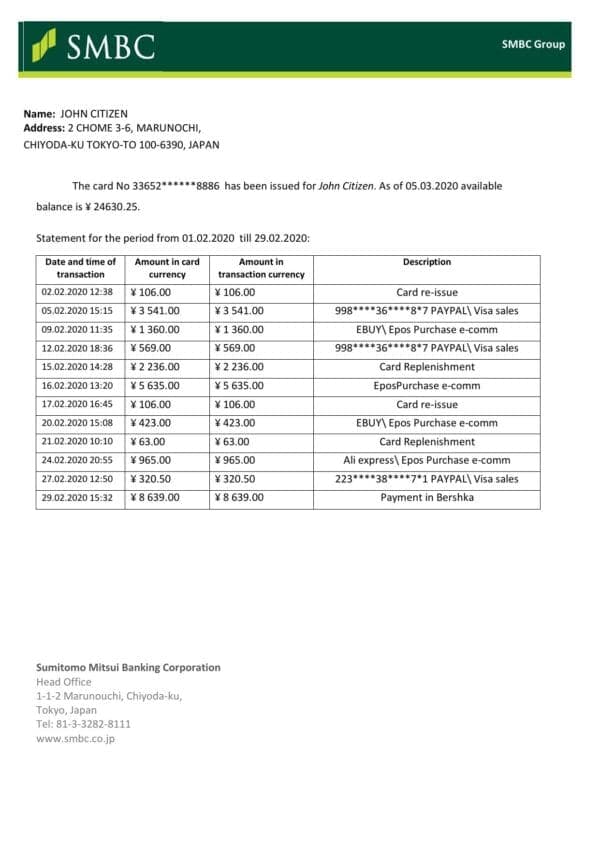 Japan Sumitomo Mitsui Banking Corporation (SMBC) bank statement template in Word and PDF format