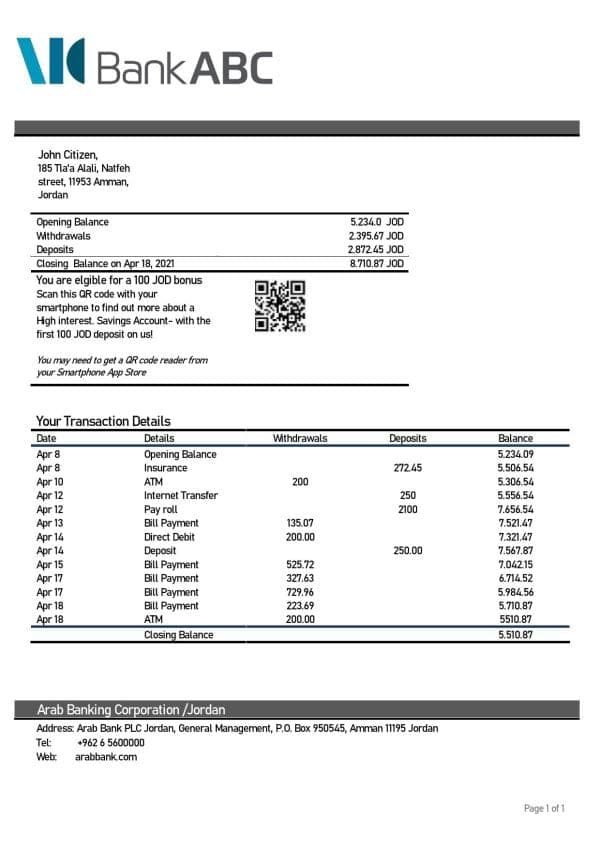 Jordan ABC Bank statement template in Word and PDF format