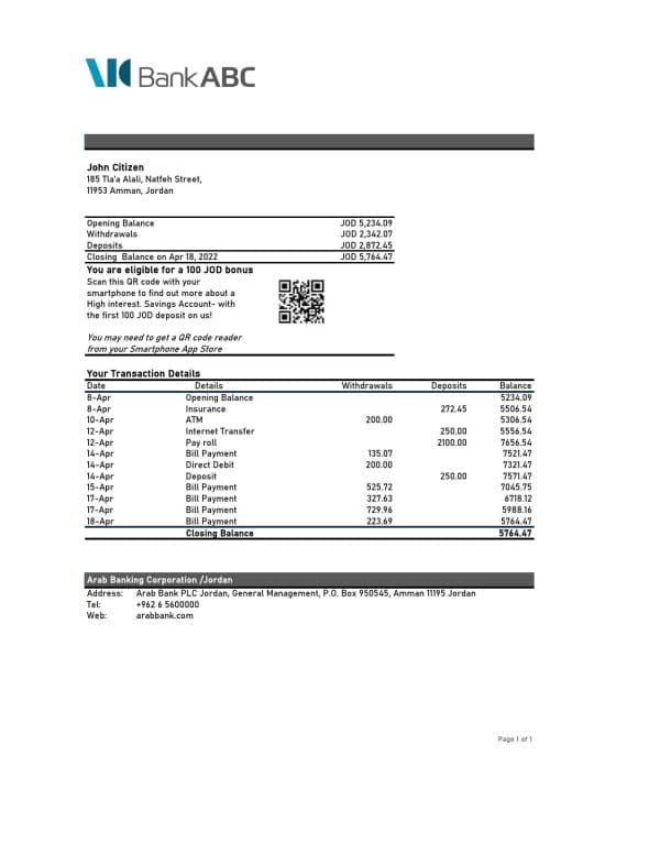 Jordan ABC bank statement Excel and PDF template