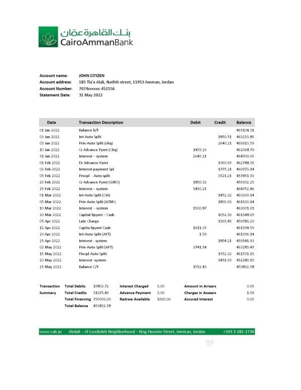 Jordan Cairo Amman bank statement Excel and PDF template