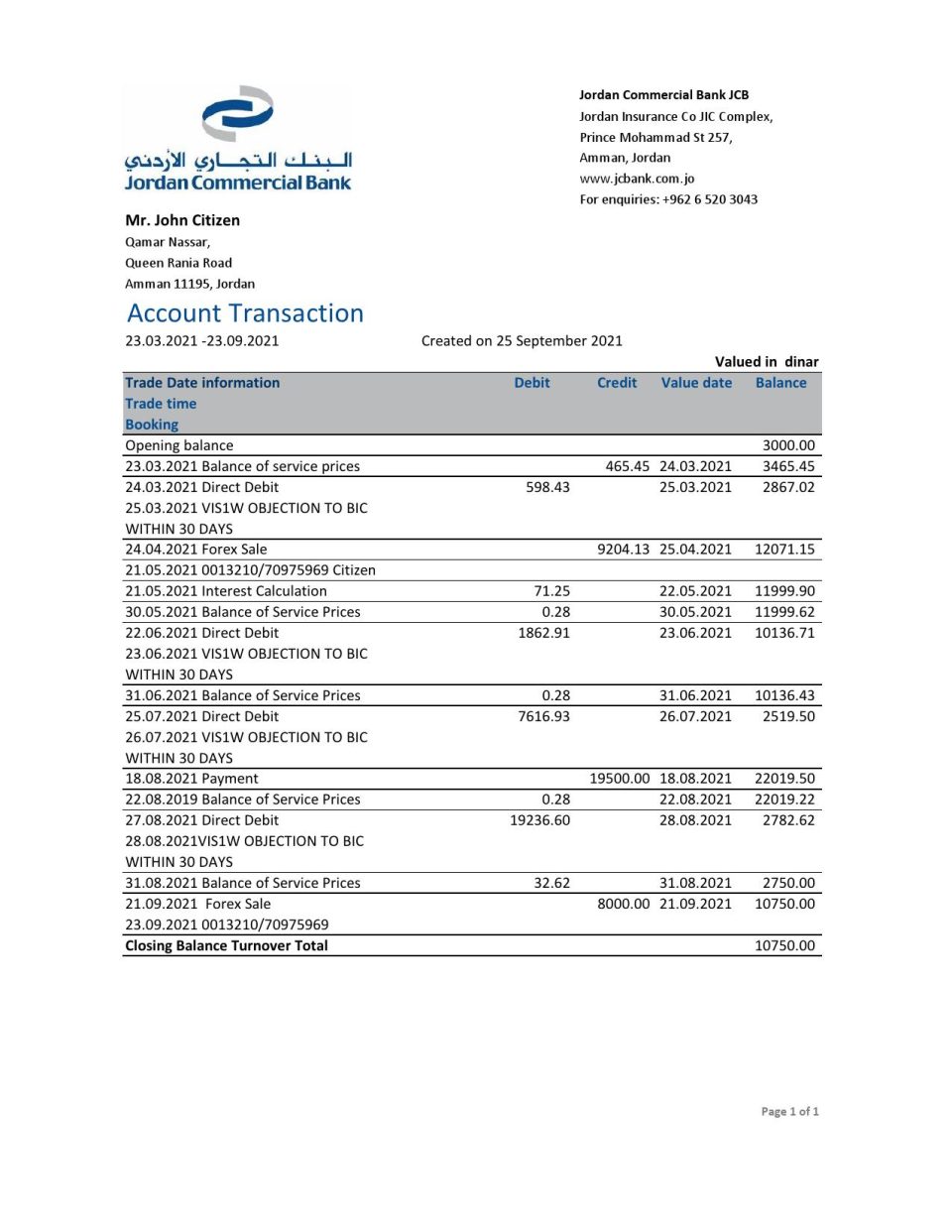 Jordan Commercial Bank JCB bank statement easy to fill template in .xls and .pdf file format
