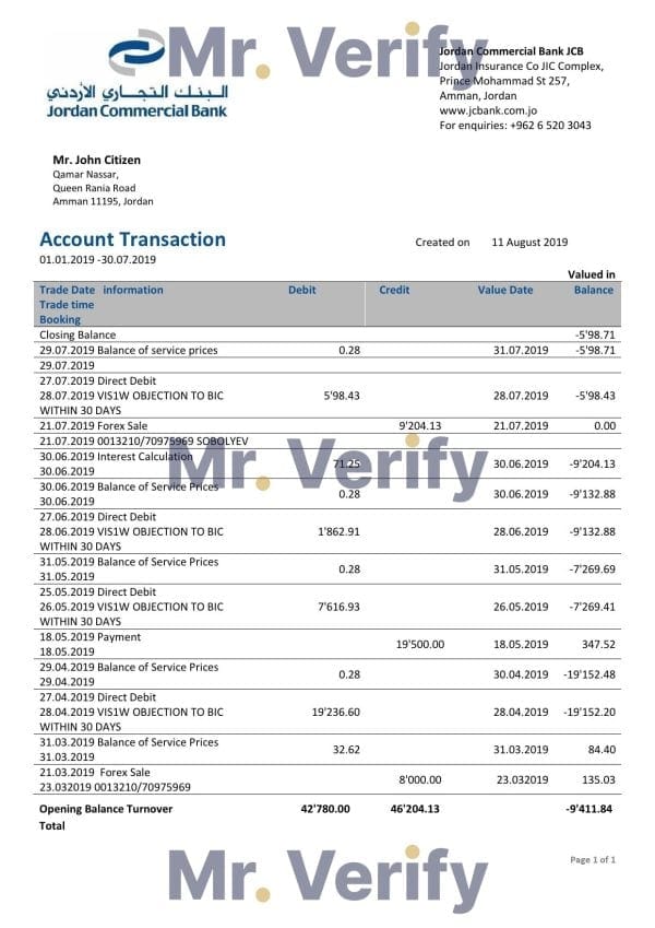 Jordan Commercial Bank statement easy to fill template in Word and PDF format