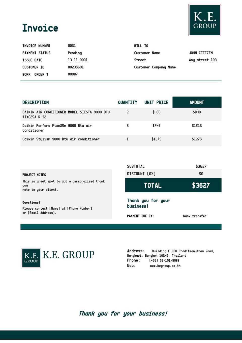 USA KE Group invoice template in Word and PDF format