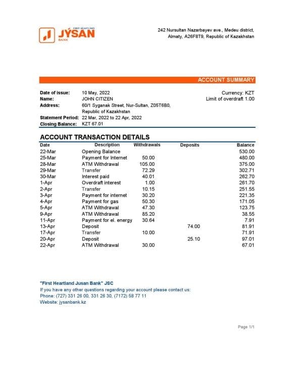 Kazakhstan First Heartland Jusan bank statement Excel and PDF template