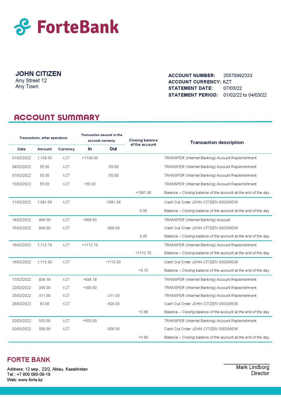 Kazakhstan Forte bank statement template in Word and PDF format