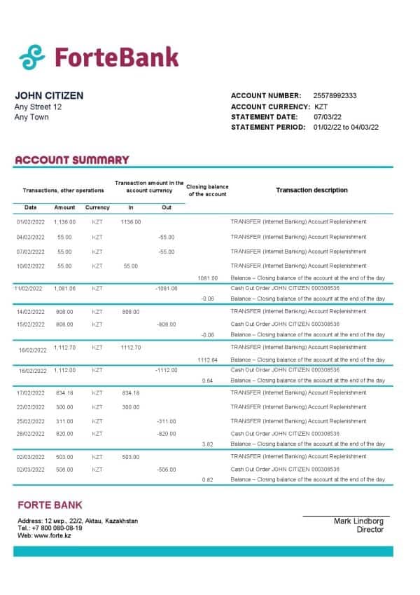 Kazakhstan Forte bank statement template in Excel and PDF format
