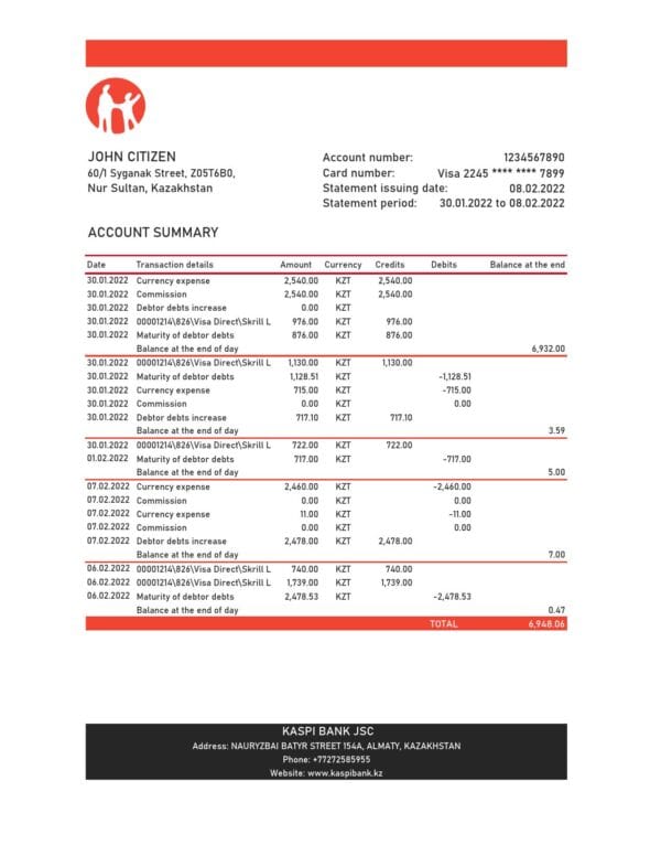 Kazakhstan Kaspi bank statement Excel and PDF template