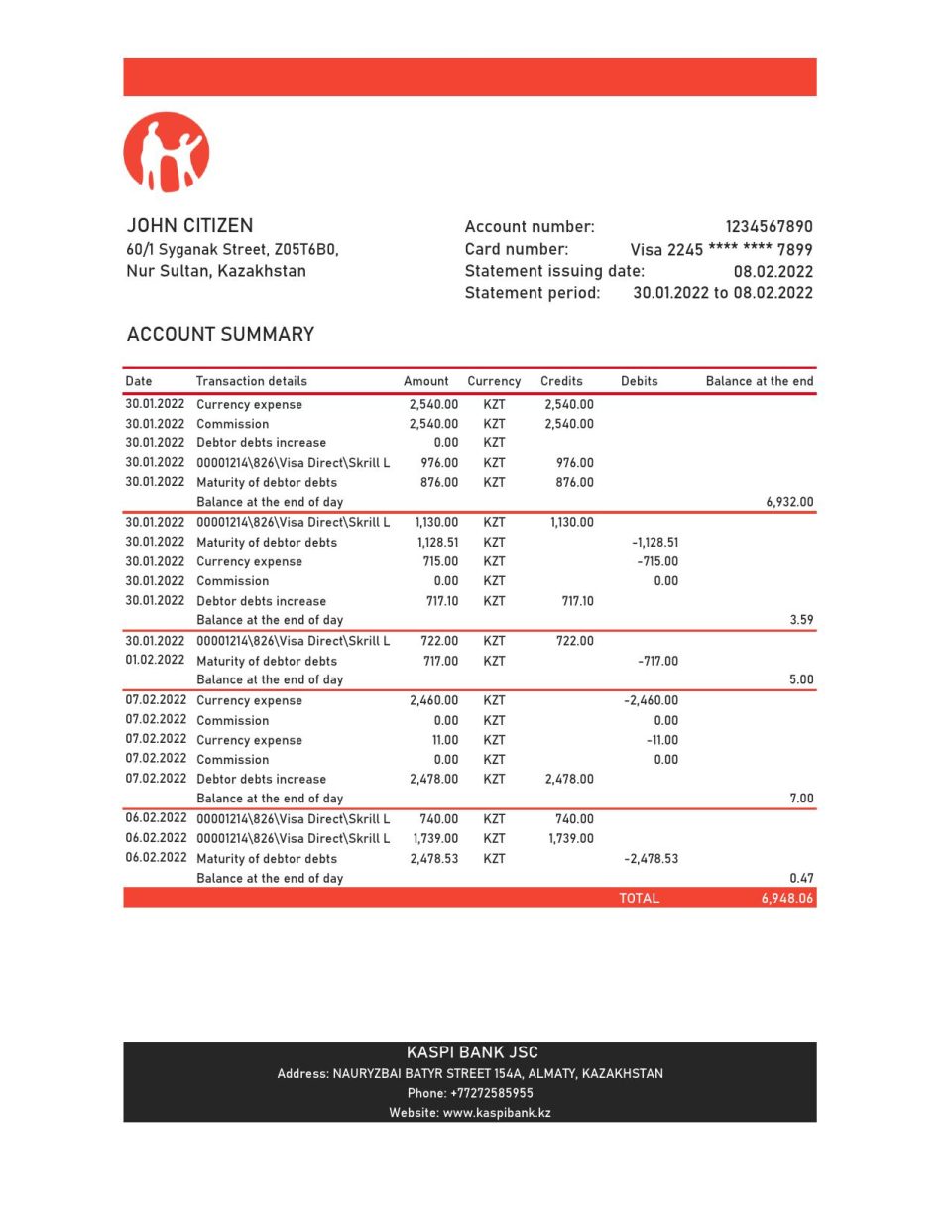 Kazakhstan Kaspi bank statement Excel and PDF template