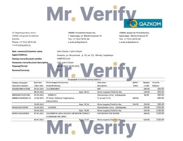 Kazakhstan Qazkom bank statement easy to fill template in Excel and PDF format