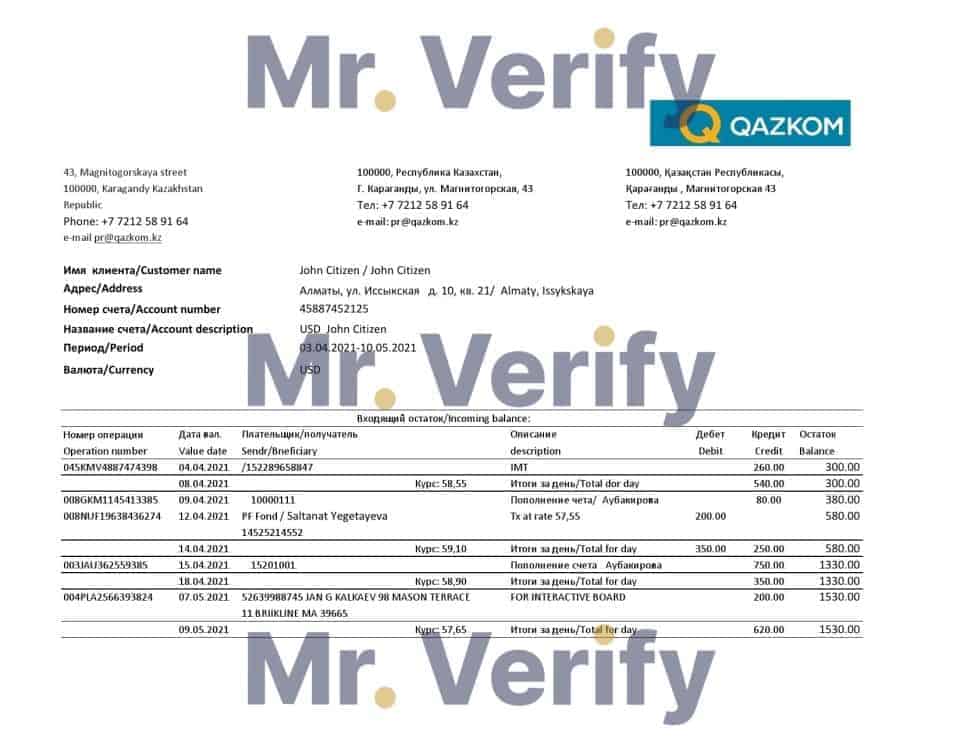 Kazakhstan Qazkom bank statement easy to fill template in Excel and PDF format