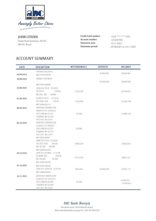 Kenya ABC bank statement template in Word and PDF format