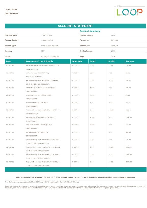 Kenya CBA Loop bank statement, Word and PDF template, 6 pages