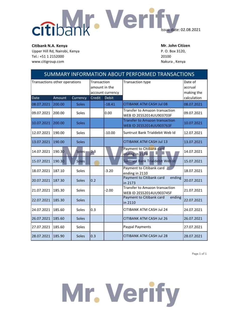 Kenya Citibank bank statement easy to fill template in .xls and .pdf file format