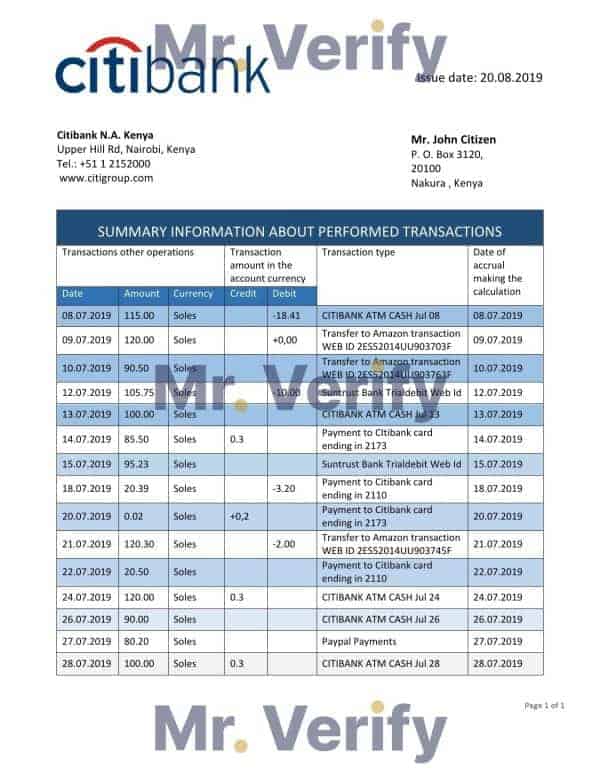 Kenya Citibank bank statement template in Word and PDF format