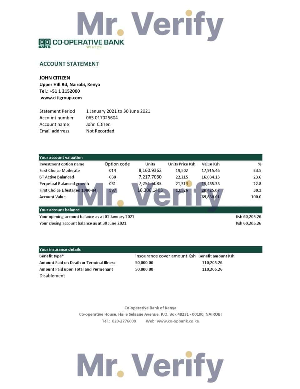 Kenya Co-operative Bank of Kenya bank statement easy to fill template in Excel and PDF format