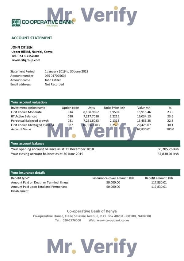 Kenya Co-Operative Bank proof of address statement template in Word and PDF format, .doc and .pdf format