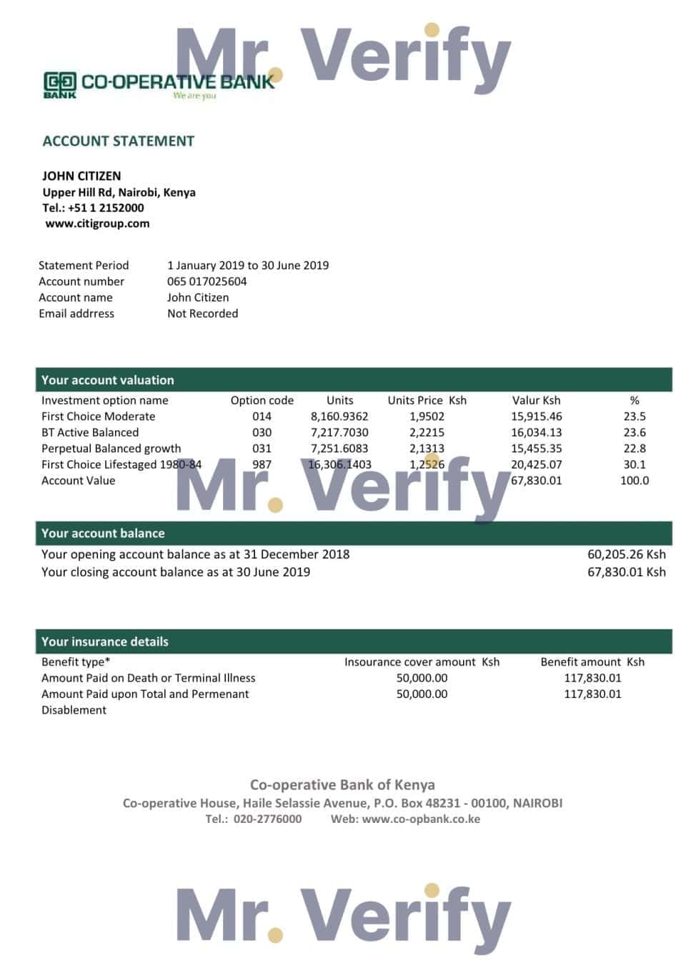 Kenya Co-Operative Bank proof of address statement template in Word and PDF format, .doc and .pdf format