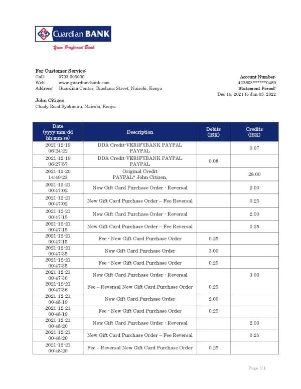 Kenya Guardian Bank statement template in Word and PDF format