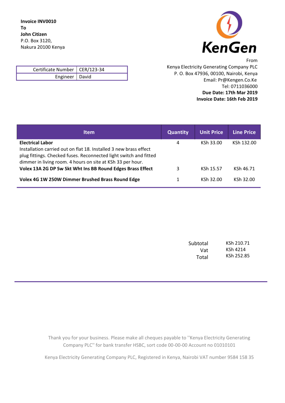 Kenya KenGen Electricity Generating Company utility bill template in Word and PDF format