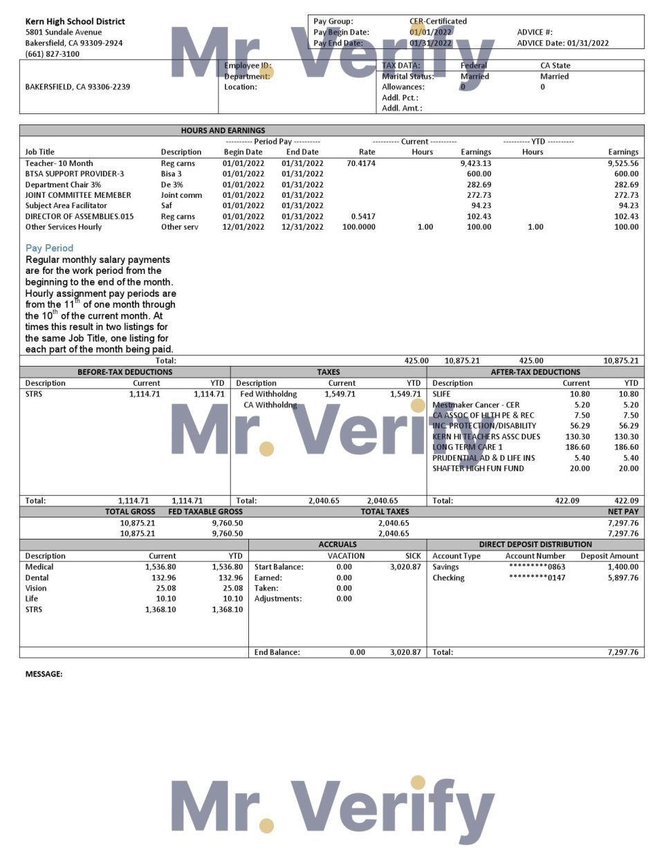 USA California Kern highschool District earnings statement Word and PDF template