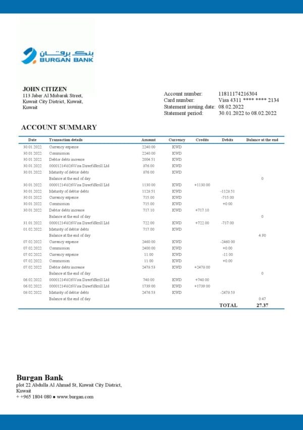 Kuwait Burgan Bank statement template in Word and PDF format